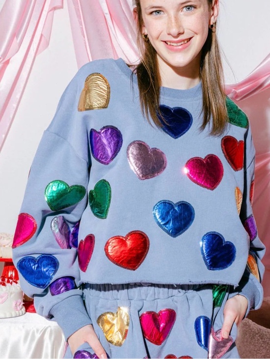 QUEEN OF SPARKLES Other - QUEEN OF SPARKLES Girls Dusty Blue Rainbow Foil Heart Crew Neck size Medium
